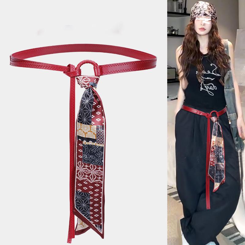 Silk Scarf Waist Chain Belt for Women - Hip Hop Punk Vintage Style, Decorative Ribbon Accessory in Red for Jeans
