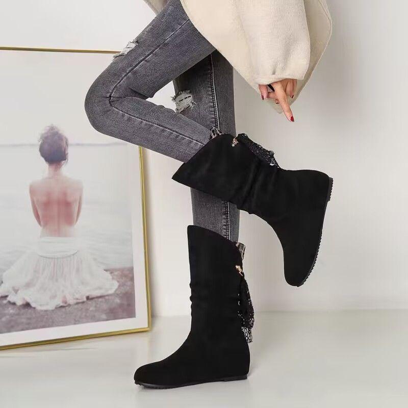 Large size flat black medium boots women's autumn and winter 2025 new women's shoes Korean versatile European and American fashion short boots women