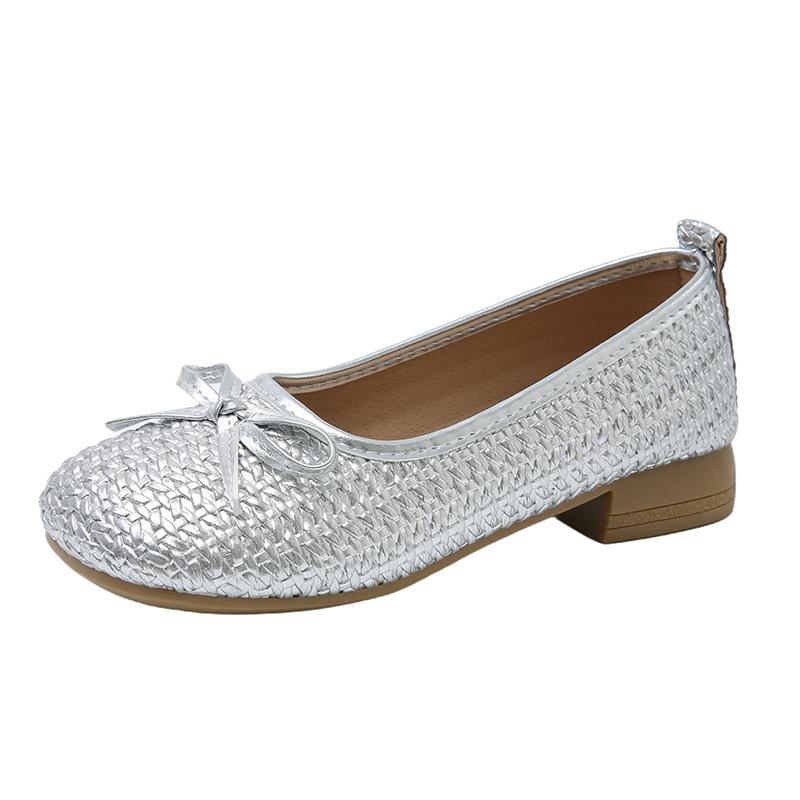 Bow Shallow Mouth Single Shoes Women's 2025 New Summer Round Head Flat Shoes French One-pedal Mary Jane Shoes Size 34