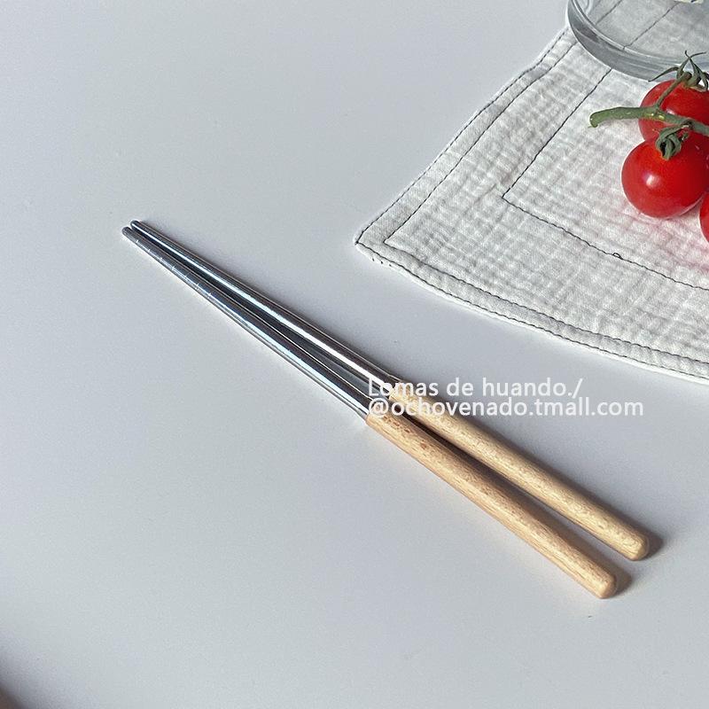Simple INS wooden handle chopsticks knife fork spoon tableware set stainless steel Japanese style student portable love