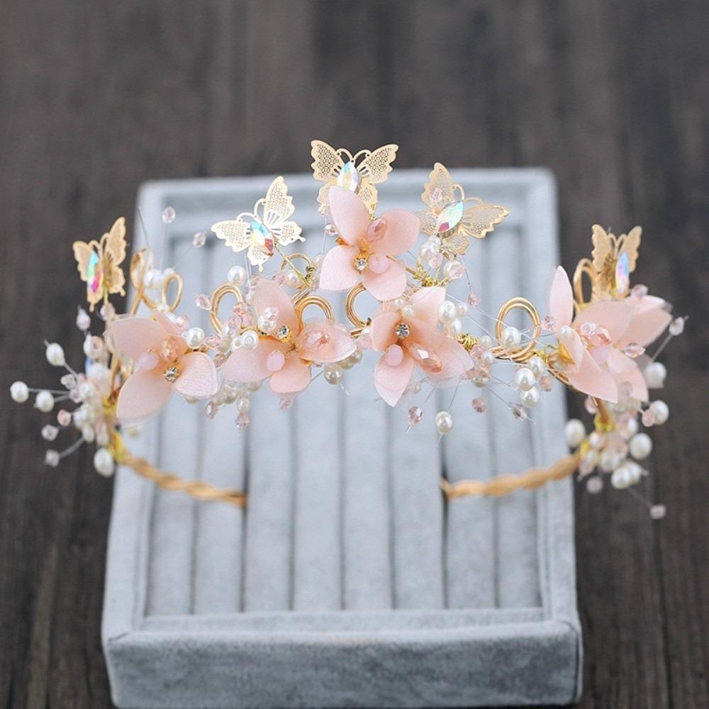 

Shiny Pink Floral Crown Vintage Princess Rhinestone Tiara Ancient Butterfly Crown Headwear Wedding рожевий