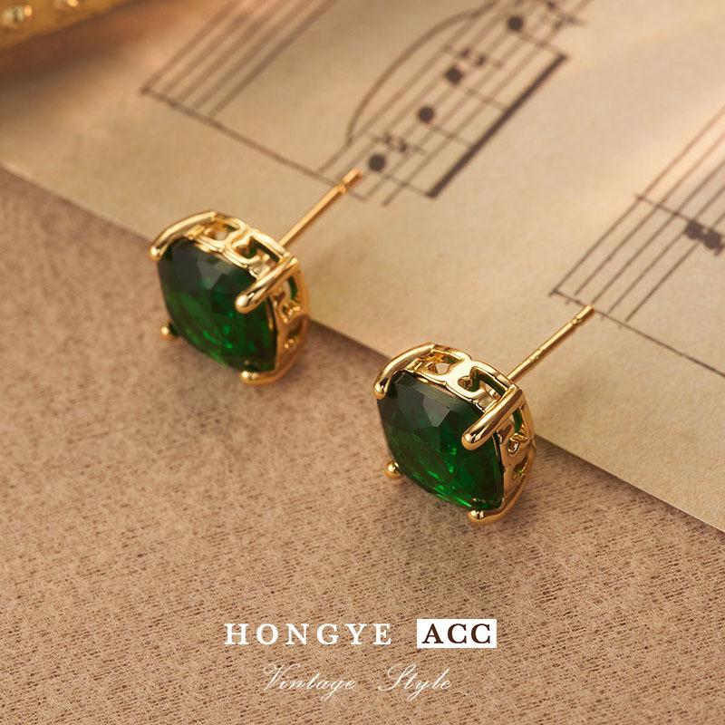 Green Square Crystal Vintage 925 Silver Earrings - Retro Luxury Studs for Women