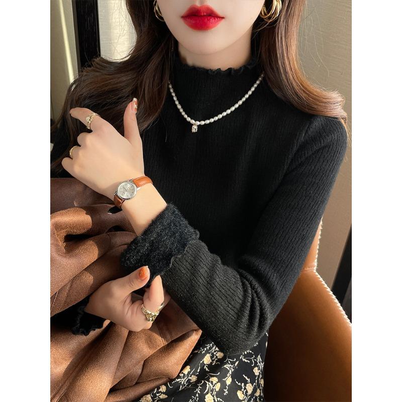 Semi-turtleneck bottoming shirt women's autumn and winter fleece thickened integrated fleece sweater lace fungus edge with knitted sweater top