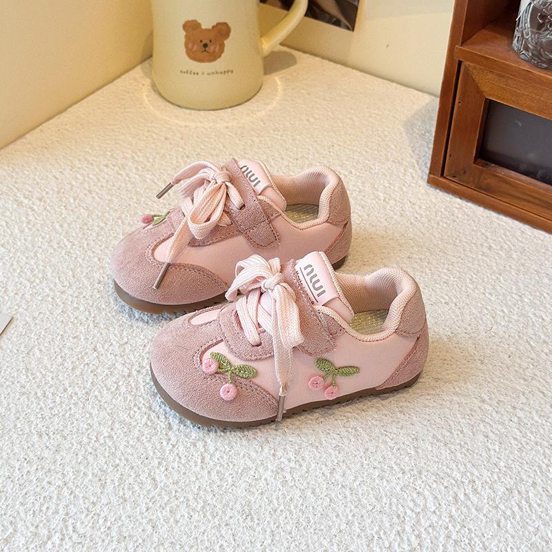Girls' Spring/Autumn 2025 Cherry Embroidered Sneakers - Soft, Non-slip Casual Shoes