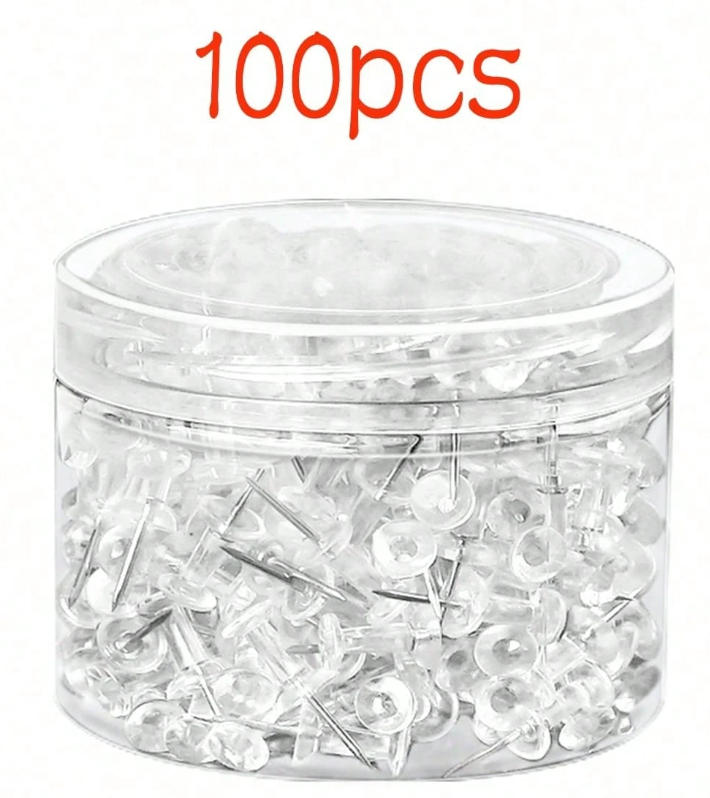 100pcs Clear Plastic Flat Head Thumb Tacks Push Pins with Steel Point for Bulletin Cork Board Office Home Photo Calendar чистый
