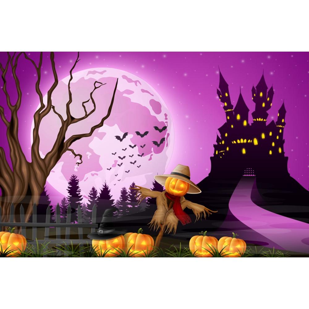 1pc Purple Happy Halloween Party Backdrop with Moon Castle Pumpkin Witch Banner for Halloween Themed Party Background Decoration