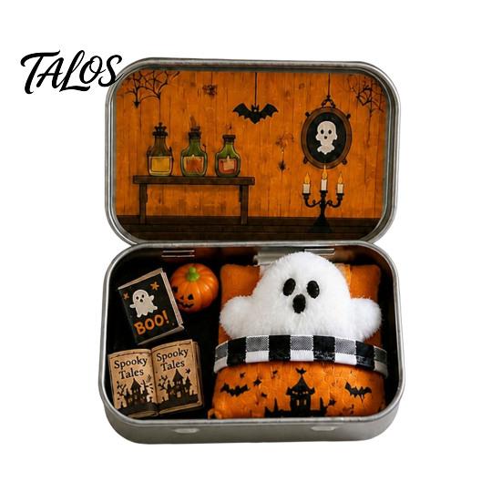 Halloween Earring Holder Mini Tin Box Gift, Plush Ghost with Haunted House Figures Storage Scene, Collectible Micro Theater Gift for Kids, Party Favor