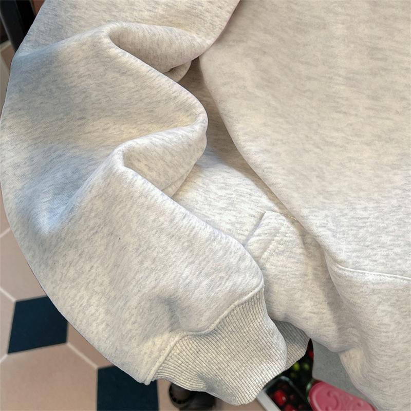 Retro Hong Kong Style Printing Men's Guochao Velvet Thickened Autumn and Winter Women's Hooded Pullover Sweater Casual