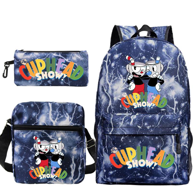 Cartoon Teacup Head Cuphead Student School Bag Backpack Three-piece Set Children's Shoulder Bag Pencil Bag