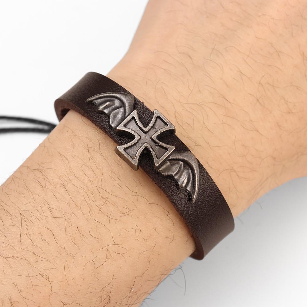 

Браслет в стиле хип-хоп, панк, крест, летучая мышь, для мужчин, креативный, модный, регулируемый, из искусственной кожи коричневый
