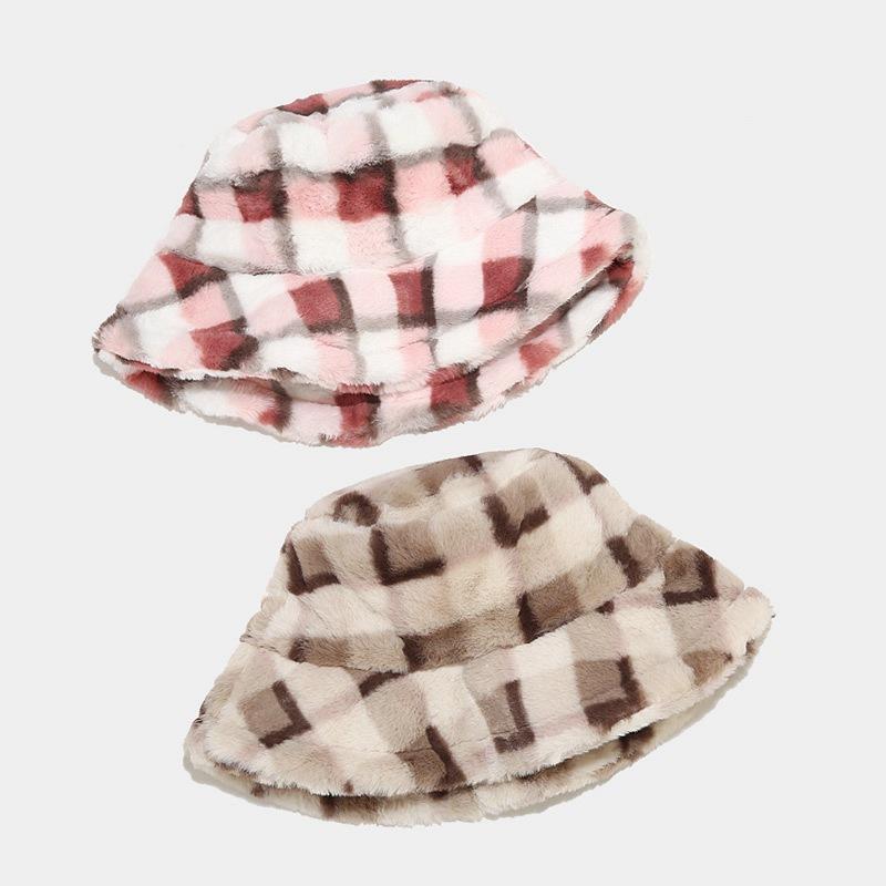 Women S Plaid Faux Fur Bucket Hat Winter Warm Outdoor Casual Hat