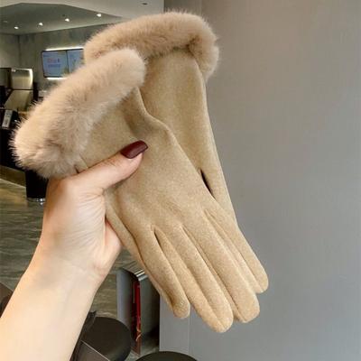 1 Paire Gants Hiver Femme Écran Tactile Gants Chauds Doublés Polaire Gants Thermiques en Fausse Suède avec Poignet en Fausse Fourrure pour Filles Dames