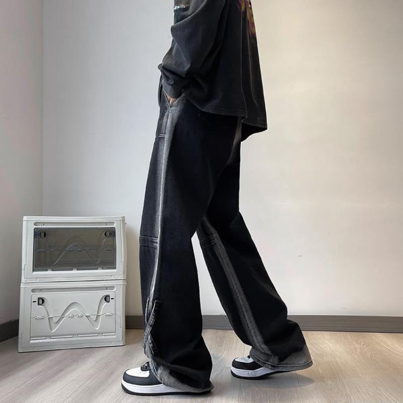 High Street Gradient American Wide Leg Jeans Men's Clothing Denim Pants Stylish Cross Spliced Vintage Young Style Loose Trousers