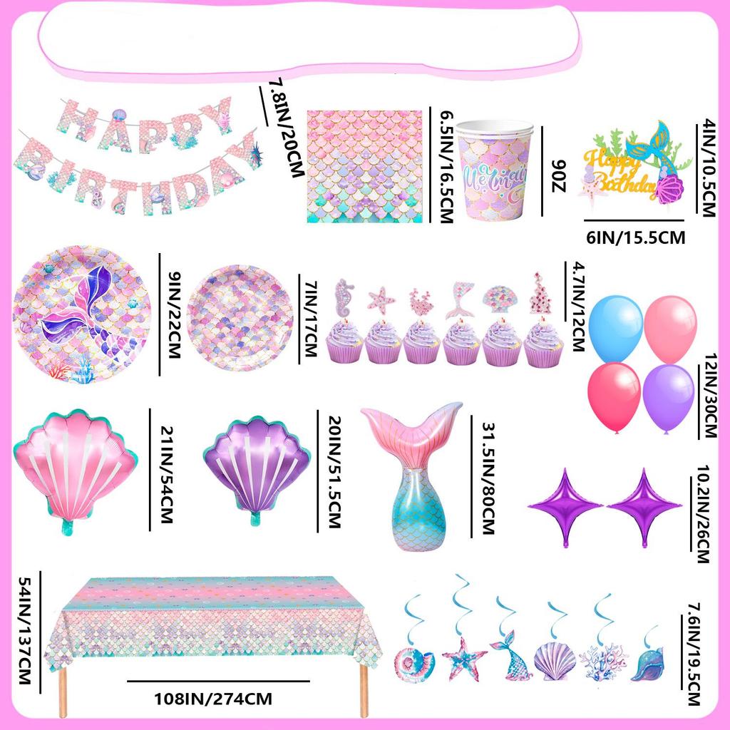 Mermaid Birthday Party Supplies Kit-132Pcs Mermaid Birthday Plates Tablecloth Balloons Etc Mermaid Birthday Decorations for Girls