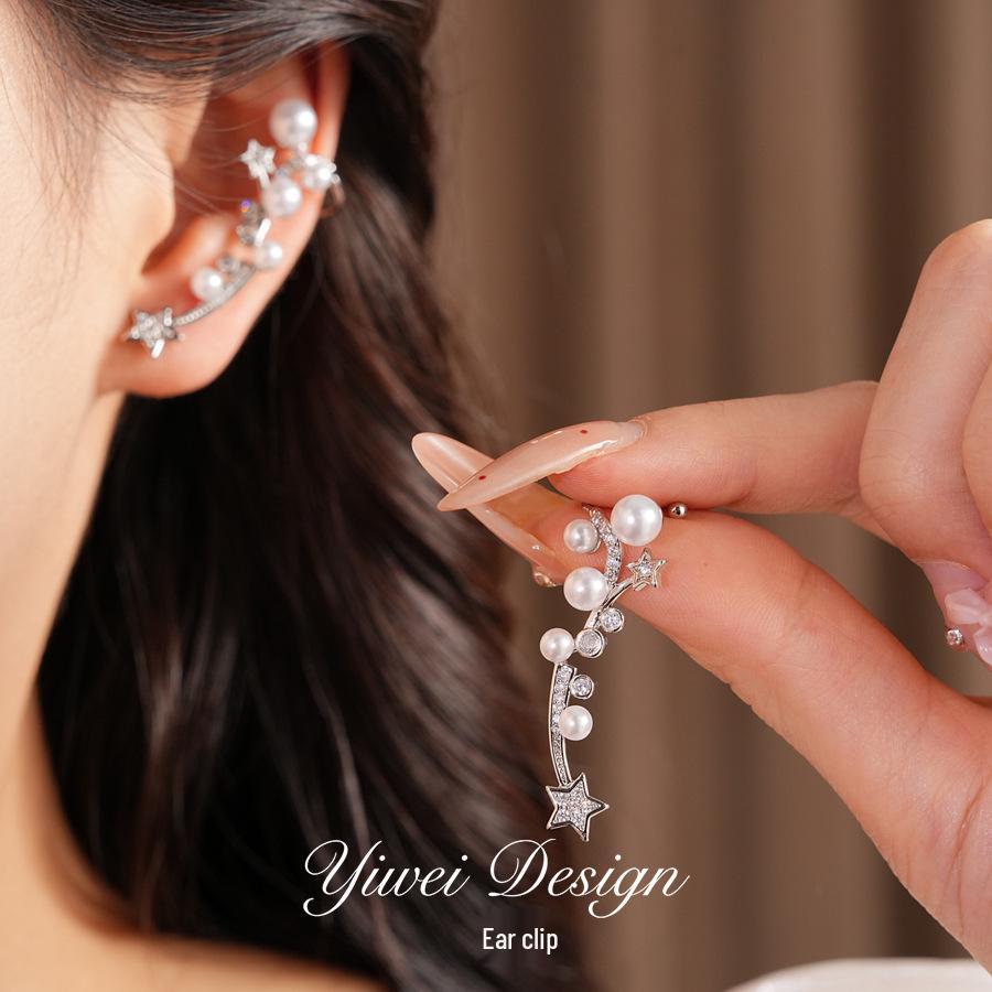 Zirconia Star Pearl Ear Clip - Luxurious, No-Piercing Earrings for Women