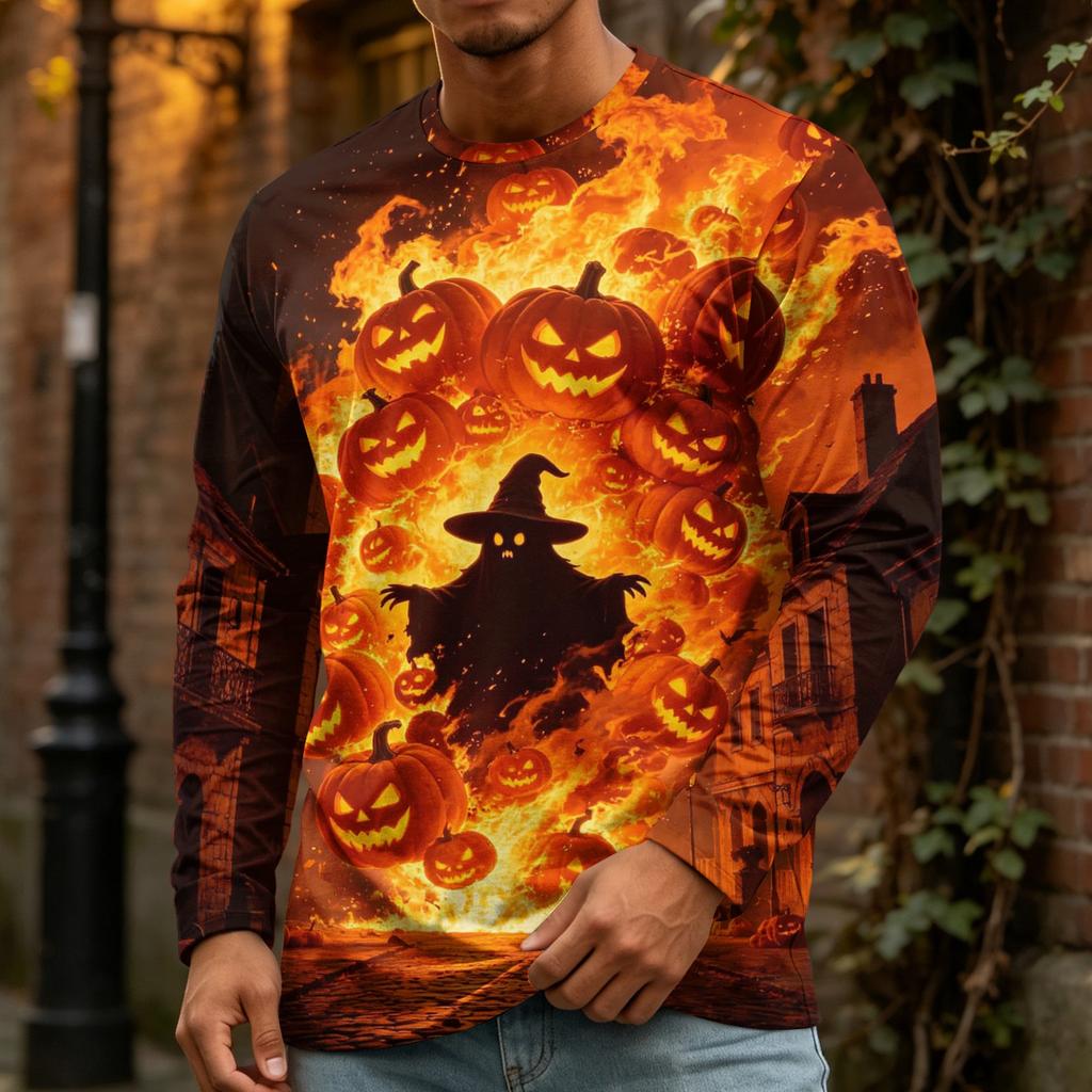 Men's Halloween Printed Crewneck Long Sleeve Top Casual Loose Fit