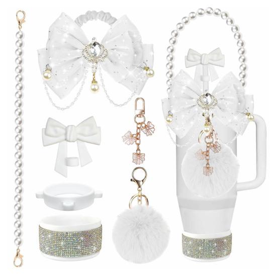 1 Set Tassenmanschette Funkelnde Strasssteine Imitierte Perlen Schleifen-Dekor Tassenzubehör mit Silikon-Bodenprotektor