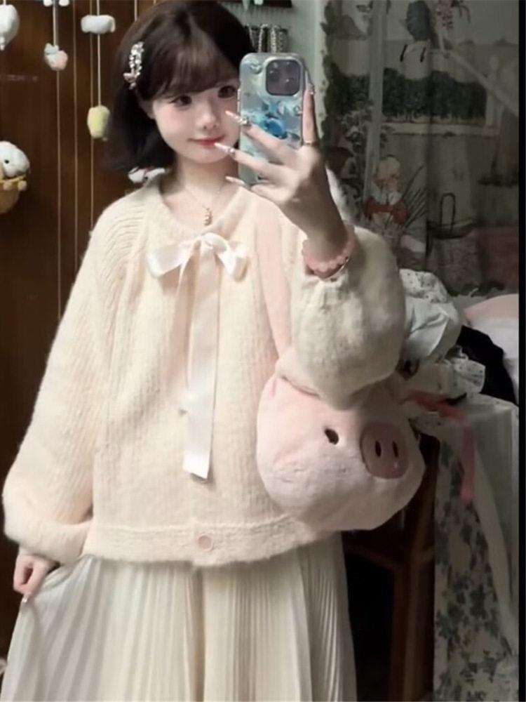 Women's Soft & Sticky Bow Knit Cardigan - Autumn/Winter Loose Sweater Coat, Sweet Lazy Style Top