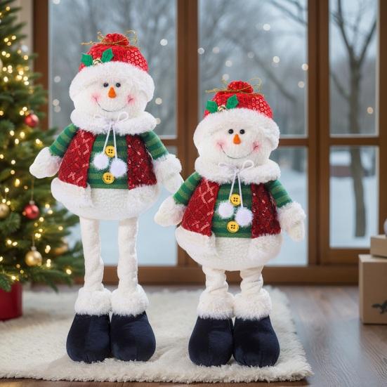 Christmas Plush Doll with Retractable Legs Handmade Standing Snowman Santa Claus Plush Toy Xmas Winter Holiday Party Decoration Ornament