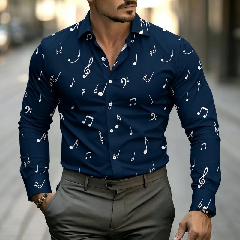 Men's Music Note Print Long Sleeve Shirt Fashion Slim Fit Button Down Casual Blouse Tops