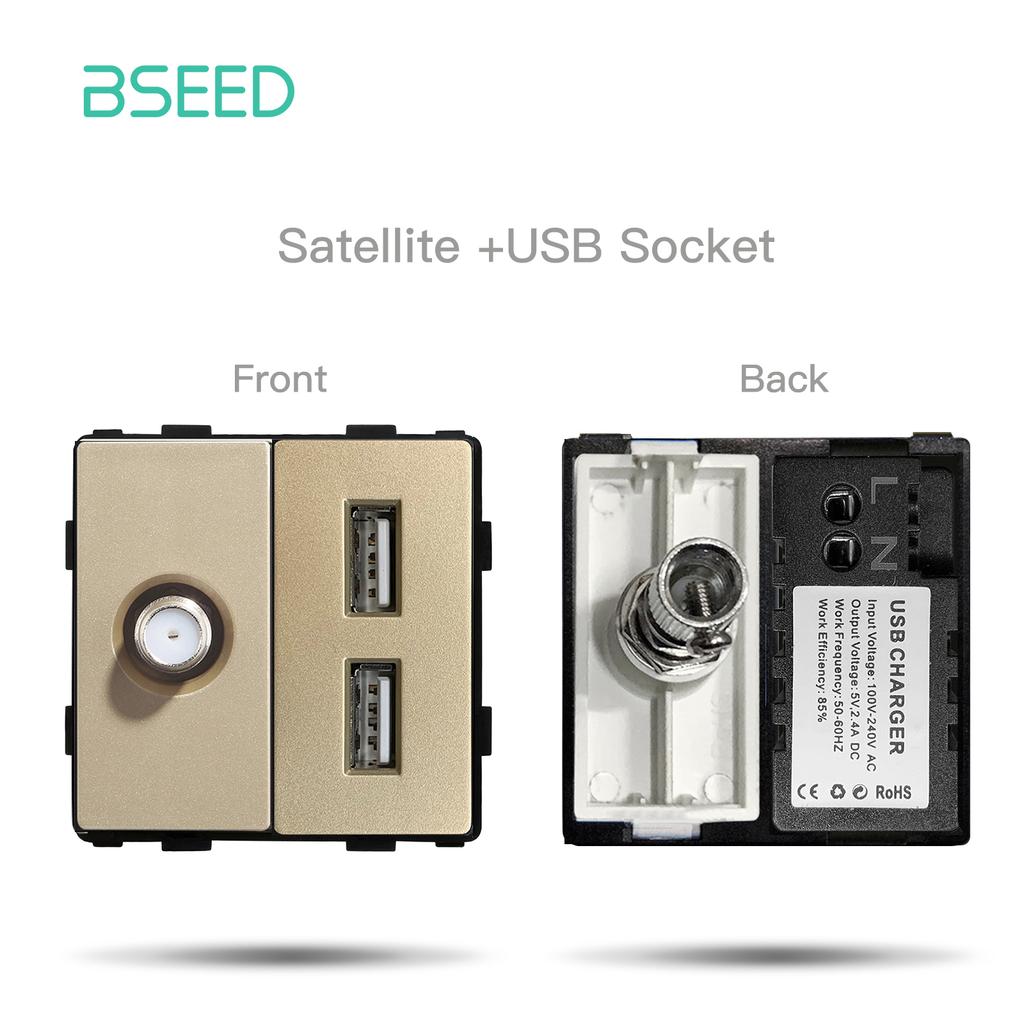 BSEED DIY EU Standard TV Satellite USB Sockets Button Switches With Crystal Glass Frame Panel Gold Home Improvement DIY Free