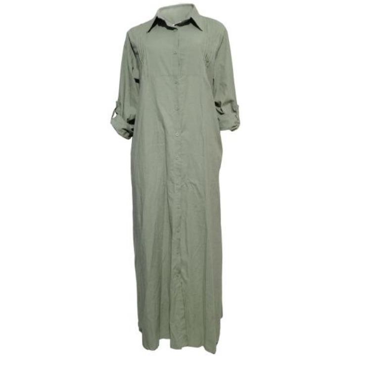 Women Summer Maxi Dress Loose Turn Down Collar Long Sleeves OL Cardigan Commute Daily Wear Pure Color Single Breasted Long Dress
