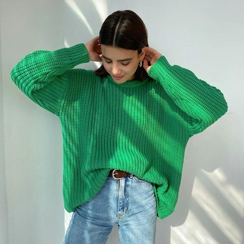 

Женский свитер Осенне-зимний свободный с круглым вырезом однотонный с длинным рукавом ленивый вязаный жакет женский XS зелёный