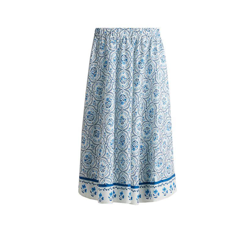 

Summer New Product Women s Clothes Elastic High Waist Cotton Mid Length Long Length Loose A- line Flared Skirt 1285828 Blue pattern L