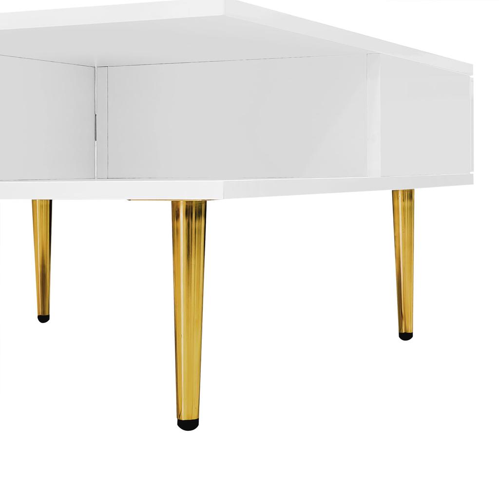 Couchtisch Weiß Hochglanz, Moderner 2 Schubladen, 2 offenen Fächern, Quadrat Kaffeetisch Sofatisch Wohnzimmer, Homeoffice, Griffsloses Design