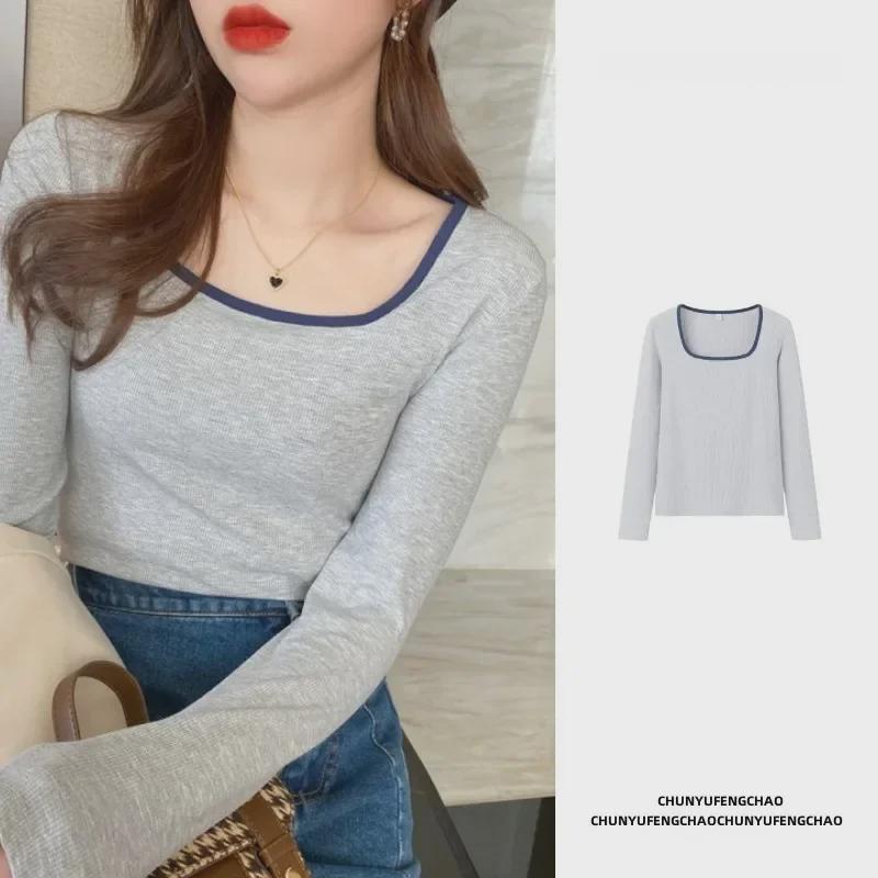 Women's 2024 Spring Korean Style Slim Fit Square Collar Long-Sleeve Top