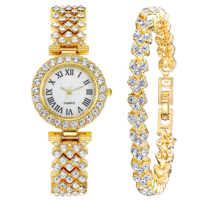 Trendy Unisex Populární Diamantové Dámské Hodinky Dámské Dvouvrstvé Diamantové Dámské Vysoce Kvalitní Luxusní Quartzové Hodinky Římský Vzor Náramek Módní 2KS