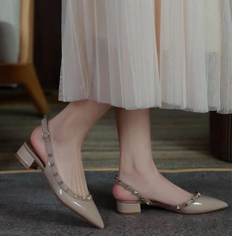 2024 Summer Mid-Heel Nude Pointed-Toe Studded Peep-Toe Chunky Heel Backless Sandals for Women