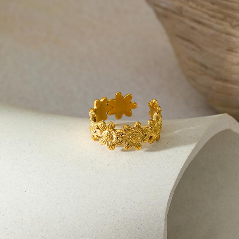 Stainless Steel Sunflower Flower Rings for Women Exquisite Gold Silver Color Irregular Texture Finger Rings Wedding Jewelry Gift