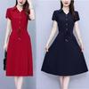 Elegant Plus-Size Short Sleeve Red Dress for Women - Waist-Slimming and Tummy-Covering Design for Middle-Aged and Elderly Ladies