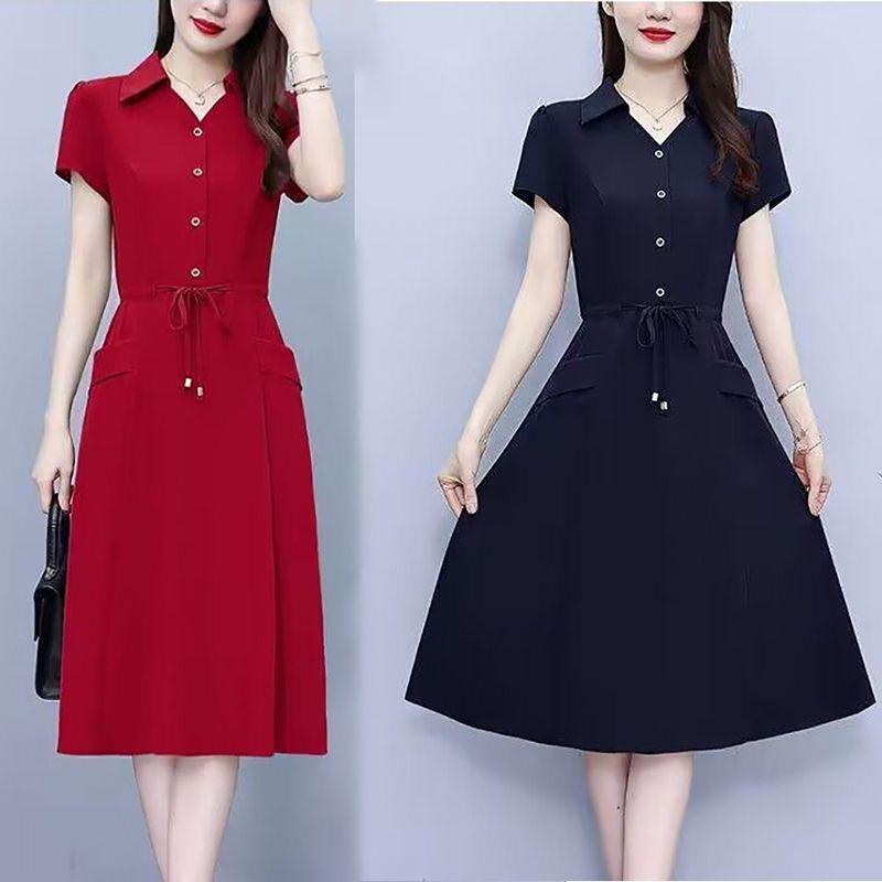 Elegant Plus-Size Short Sleeve Red Dress for Women - Waist-Slimming and Tummy-Covering Design for Middle-Aged and Elderly Ladies