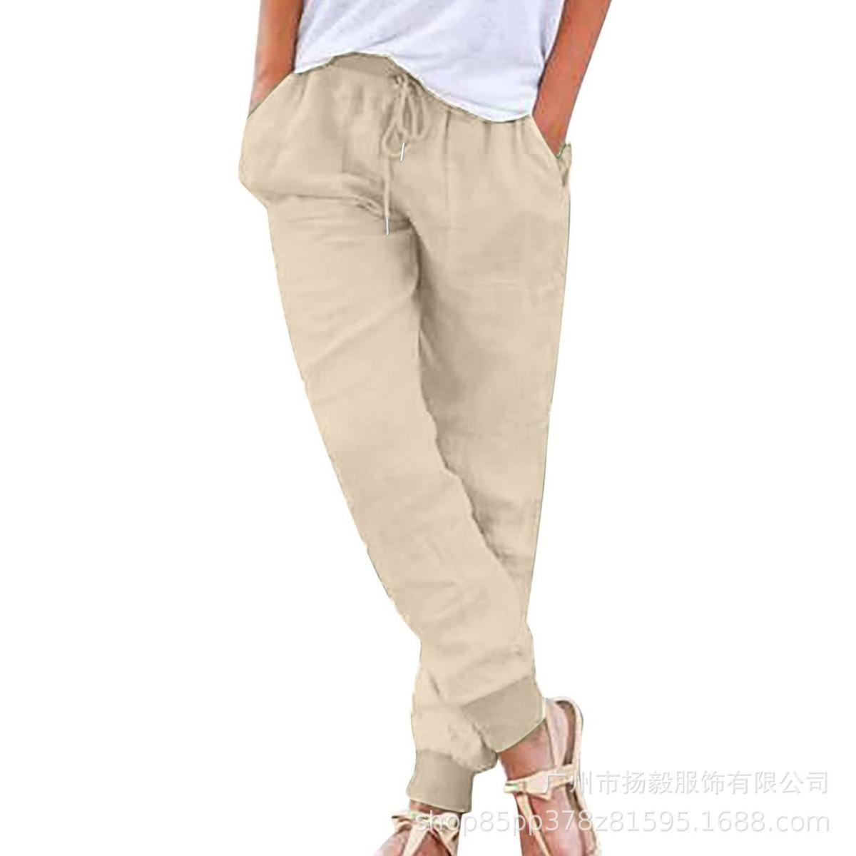 

Разноцветные повседневные брюки из хлопка и льна с эластичной резинкой на талии и карманами XXXL бежевый