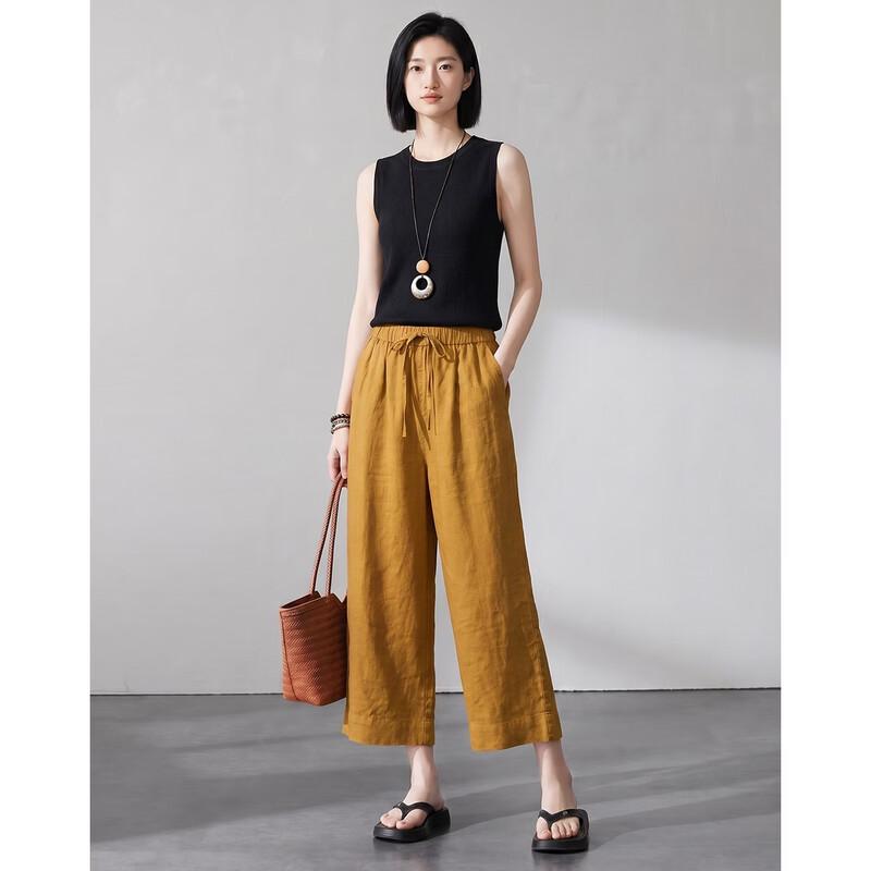 Demana Women's 100% Linen Straight-Leg Cropped Casual Pants
