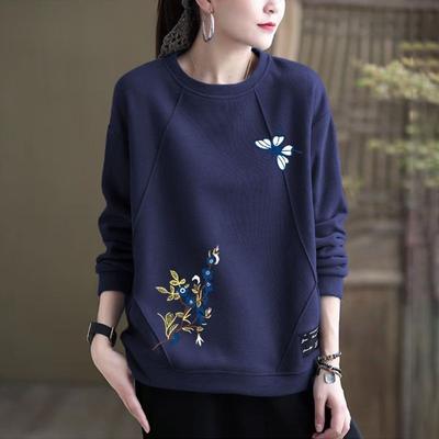 Dames Katoen Temperament Literair Lente en Herfst Ronde Hals Lange Mouw Blouse Losvallend Design Hoodie