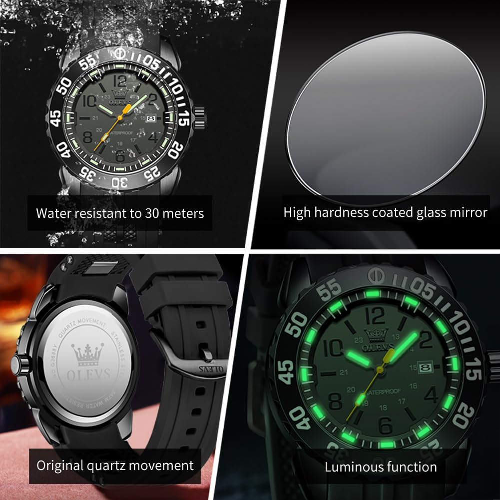 OLEVS Men's Quartz Watch 30M Waterproof Date Luminous Calendar Silicone Band Arabic Dial Easy To Read Popular Test Business Fashion Stylish Brand