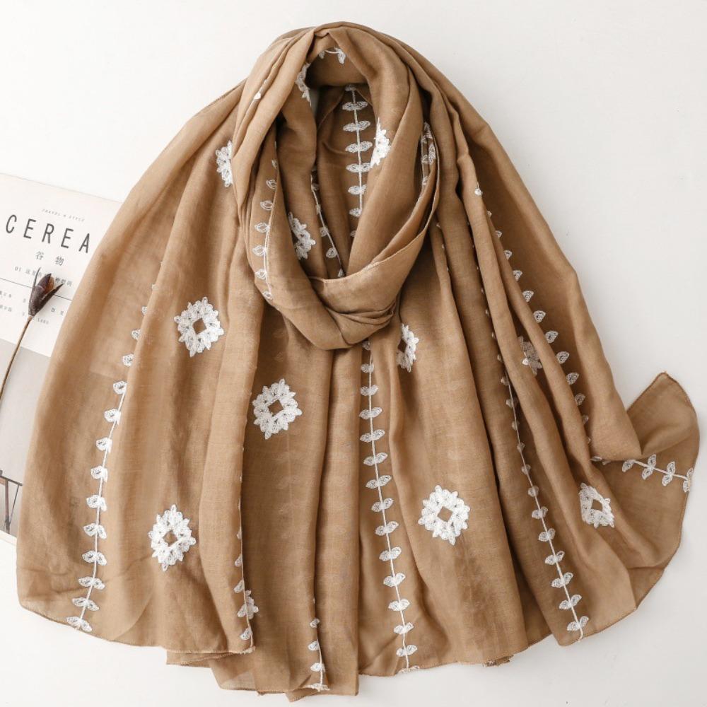Long Embroidery Flower Scarf Bohemian Print Scarves Retro Printed Silk Scarf Beach хаки