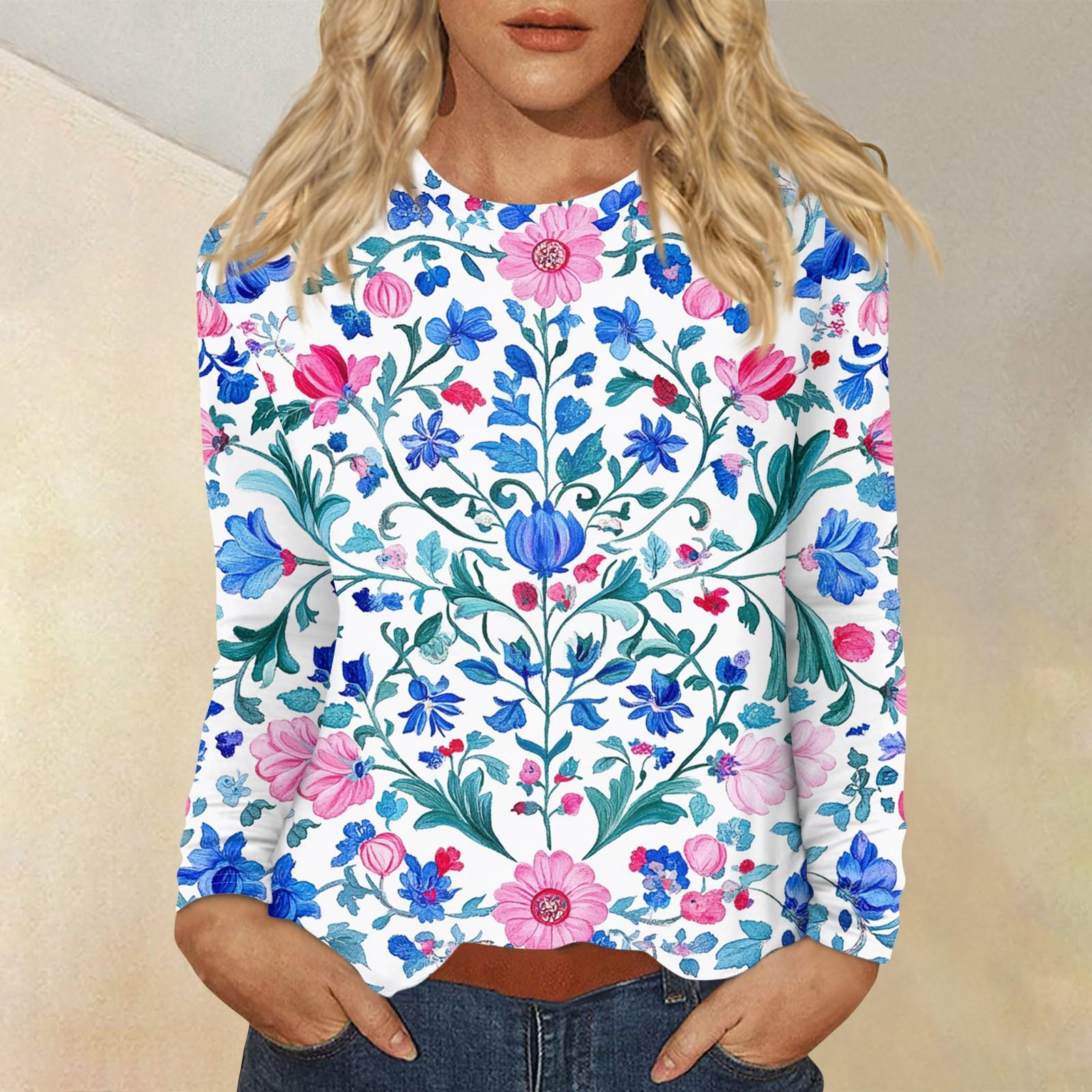 

Women s Fashion Casual Round Neck Long Sleeve Printed T-shirt Top L