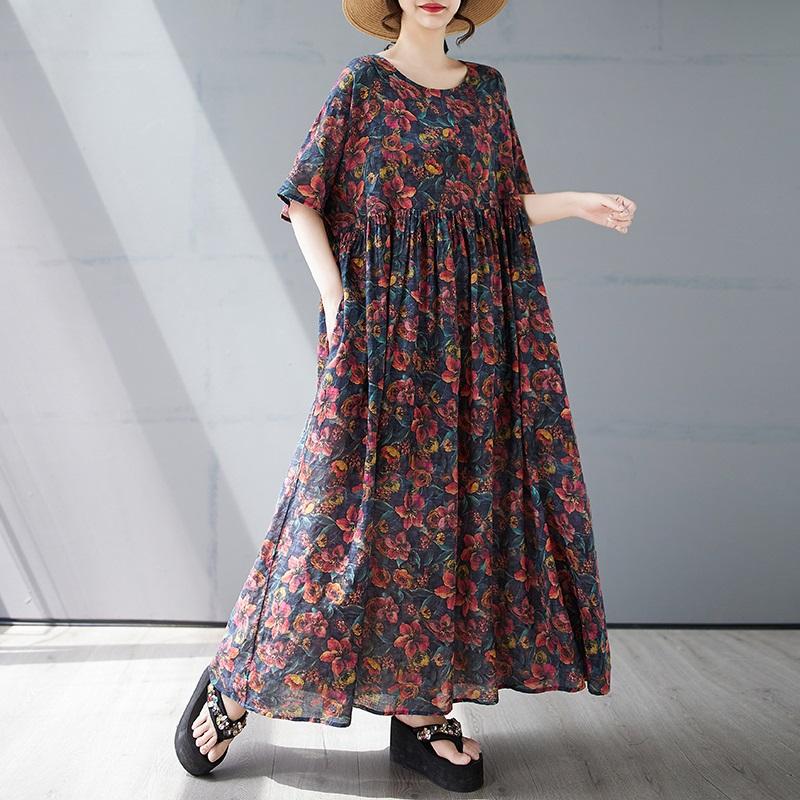 

Новые платья из хлопка с короткими рукавами больших размеров и цветочным принтом для женщин, повседневные свободные длинные летние платья