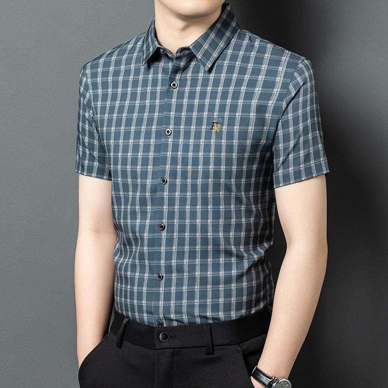 New short-sleeved shirt men's summer high-end business men's plaid casual shirt middle-aged light luxury fashion top