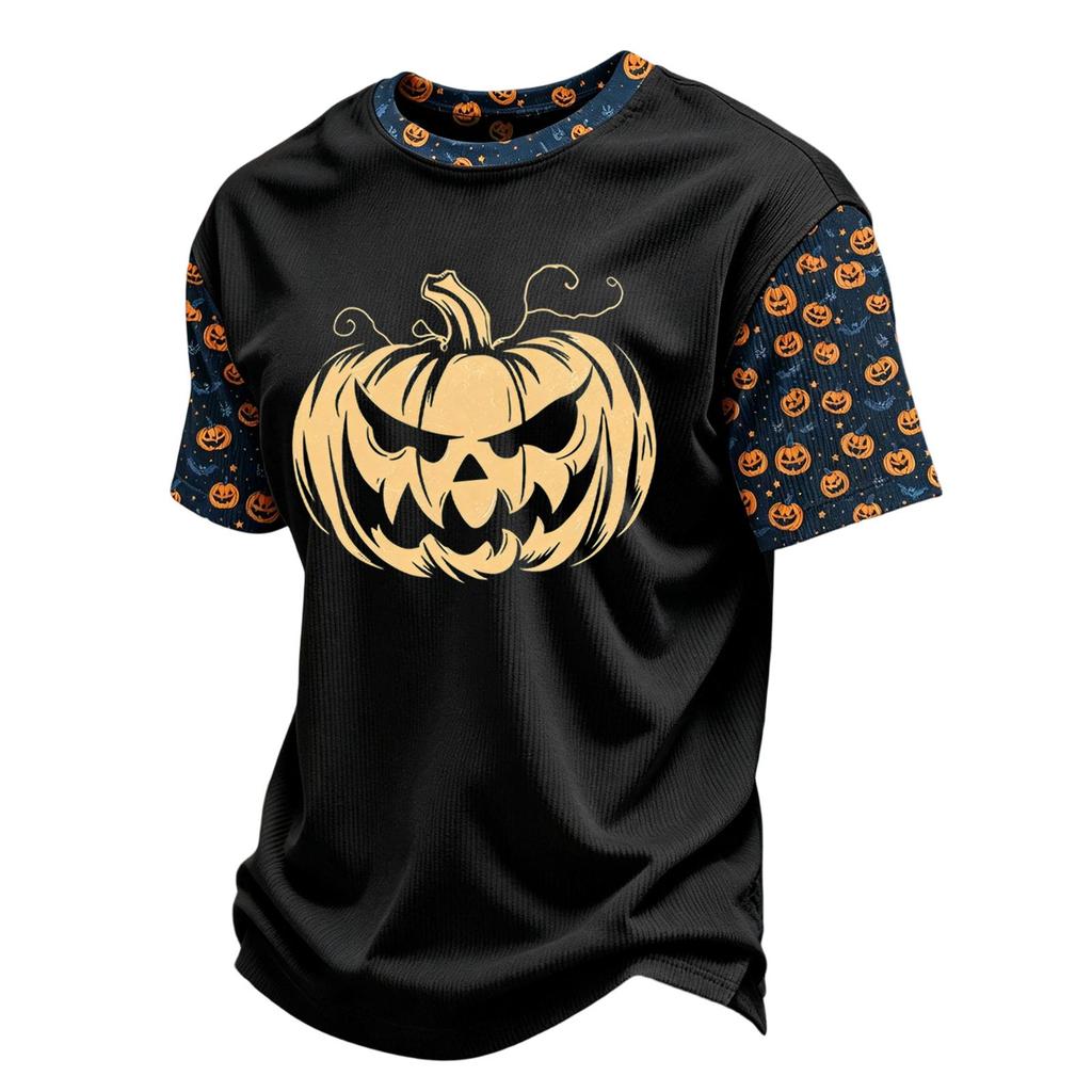 Men's Casual Corduroy Short Sleeve Crew Neck Lightweight Breathable Top Halloween Graphic Print Lettering Design