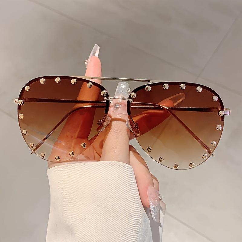 Fashion Rimless Pilot Sunglasses Women Vintage Luxury Brand Design Diamond Cutting Lens Rivet Sun Glasses For Female UV400