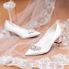 Bridal Wedding Shoes White Satin Crystal Rhinestones Chunky Heels French Design Plus Size Wedding Dress Bride Shoes