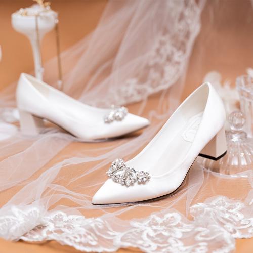 Fashion Bridal Wedding Shoes White Satin Crystal Rhinestones Chunky Heels French Design Plus Size Wedding Dress Bride Shoes