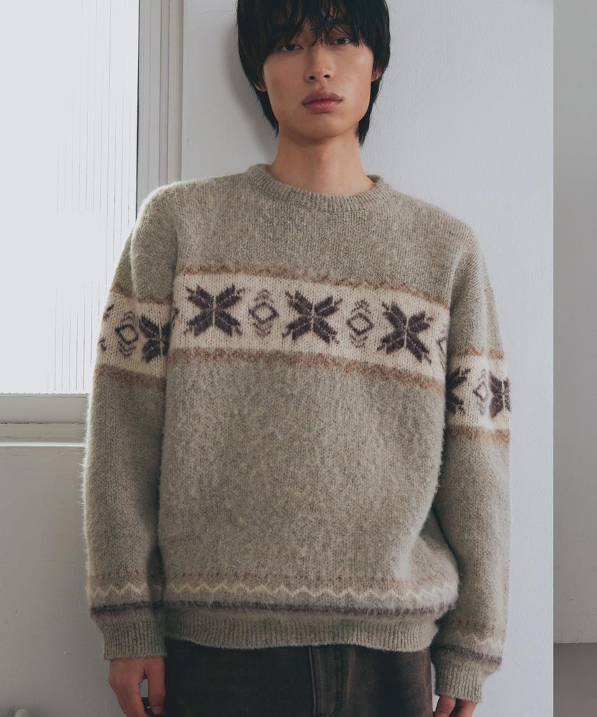 NODU Snow Nordic Snowflake Round Knit [Beige]