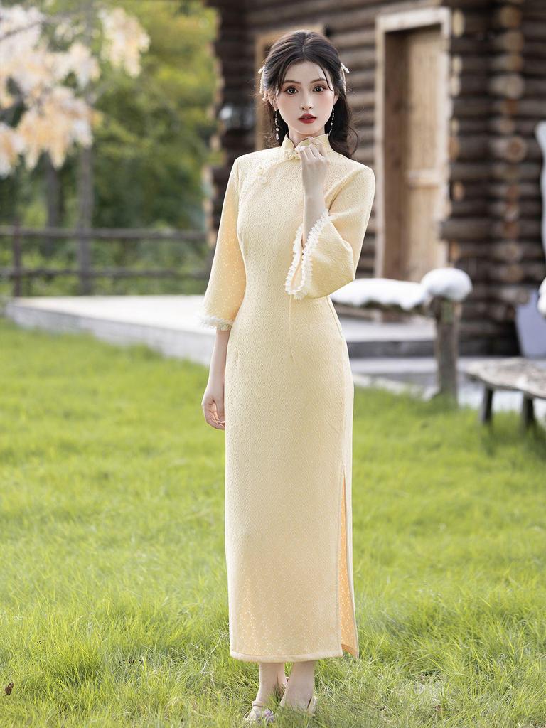 Elegant Yellow Pearwood Cheongsam - Spring/Autumn 2025 Collection, Long Sleeve, National Style