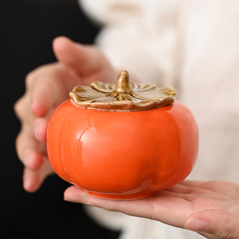 Charming Persimmon Ruyi Ceramic Tea Box & Mini Candy Jar Gift Set